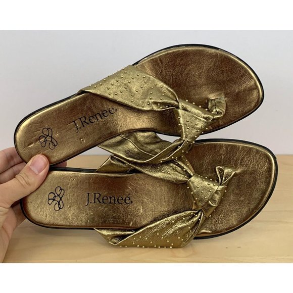 J. RENEE Gold Leather Studded Flat Flip Flop Thong Sandals Size 7 W - Picture 6 of 9